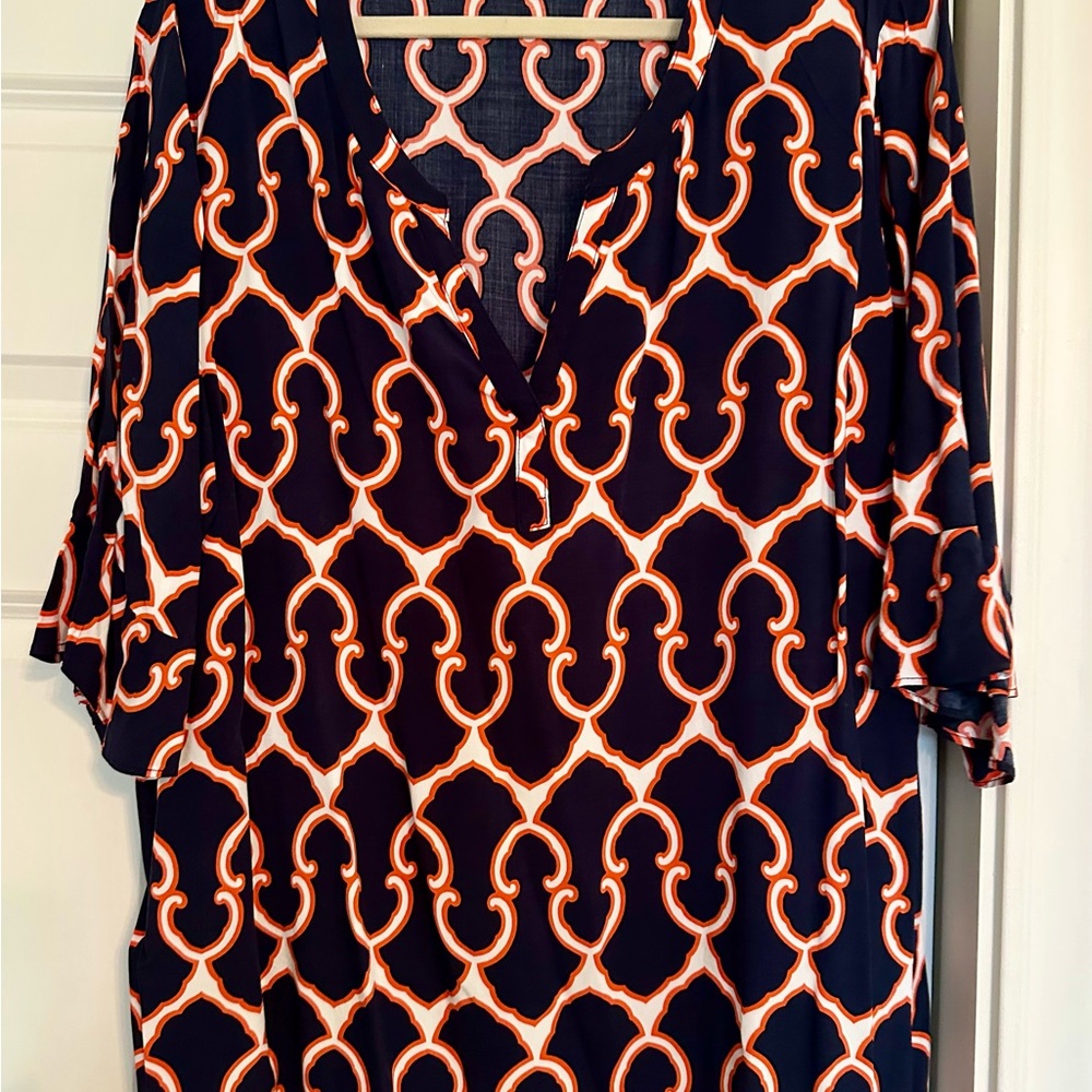 Crown & Ivy Navy and Orange Blouse with Chain Pattern